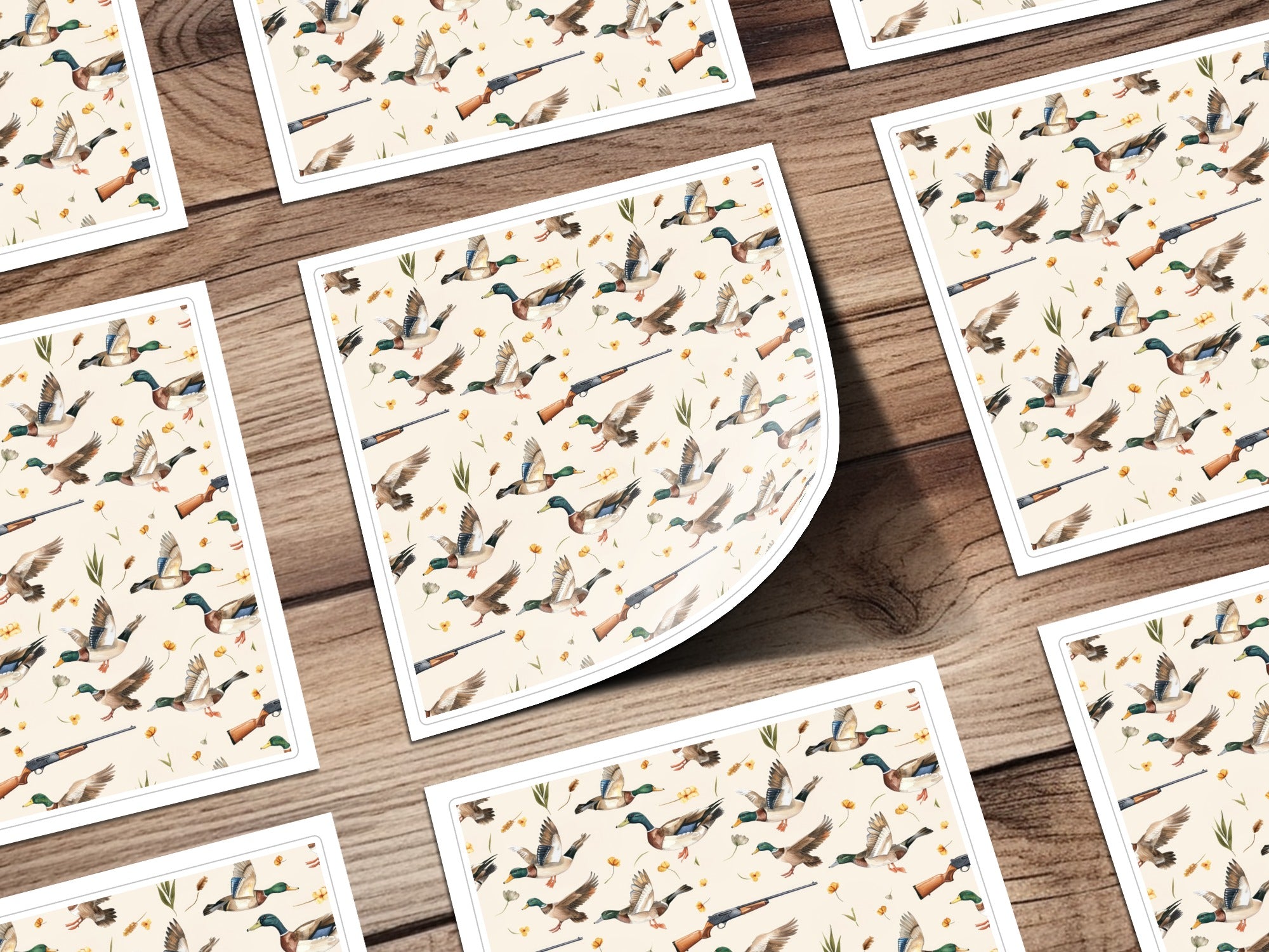 Illustrated Flying Ducks and Shotguns Pattern Print