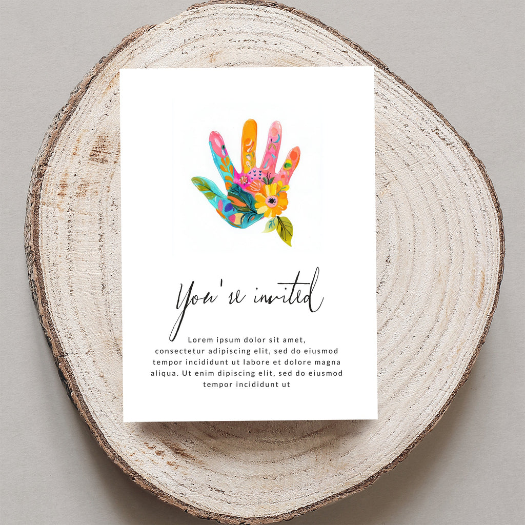 Invitation with "You're invited" and colorful handprint.