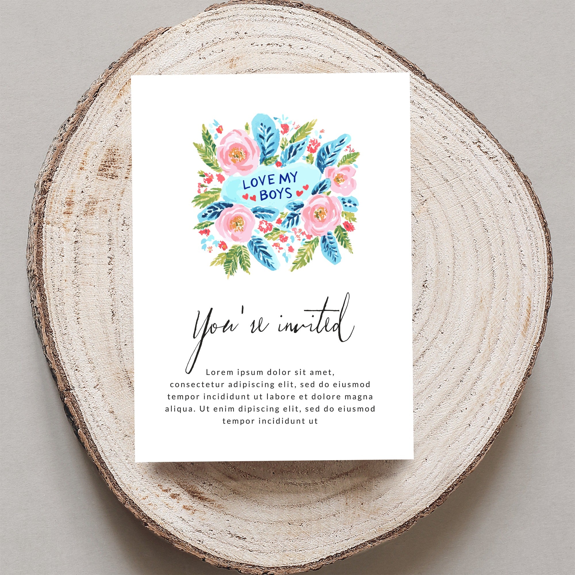 Card with "LOVE MY BOYS" floral design and "You're invited" text.