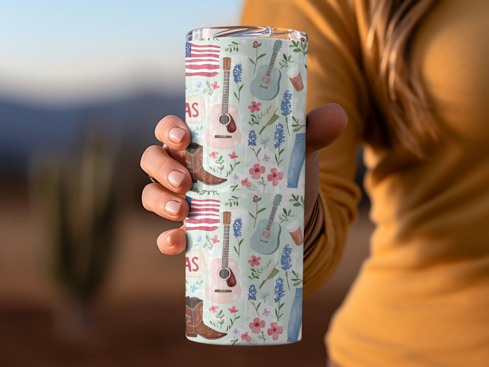 Colorful Texas Themed Floral Guitar Insulated Tumbler