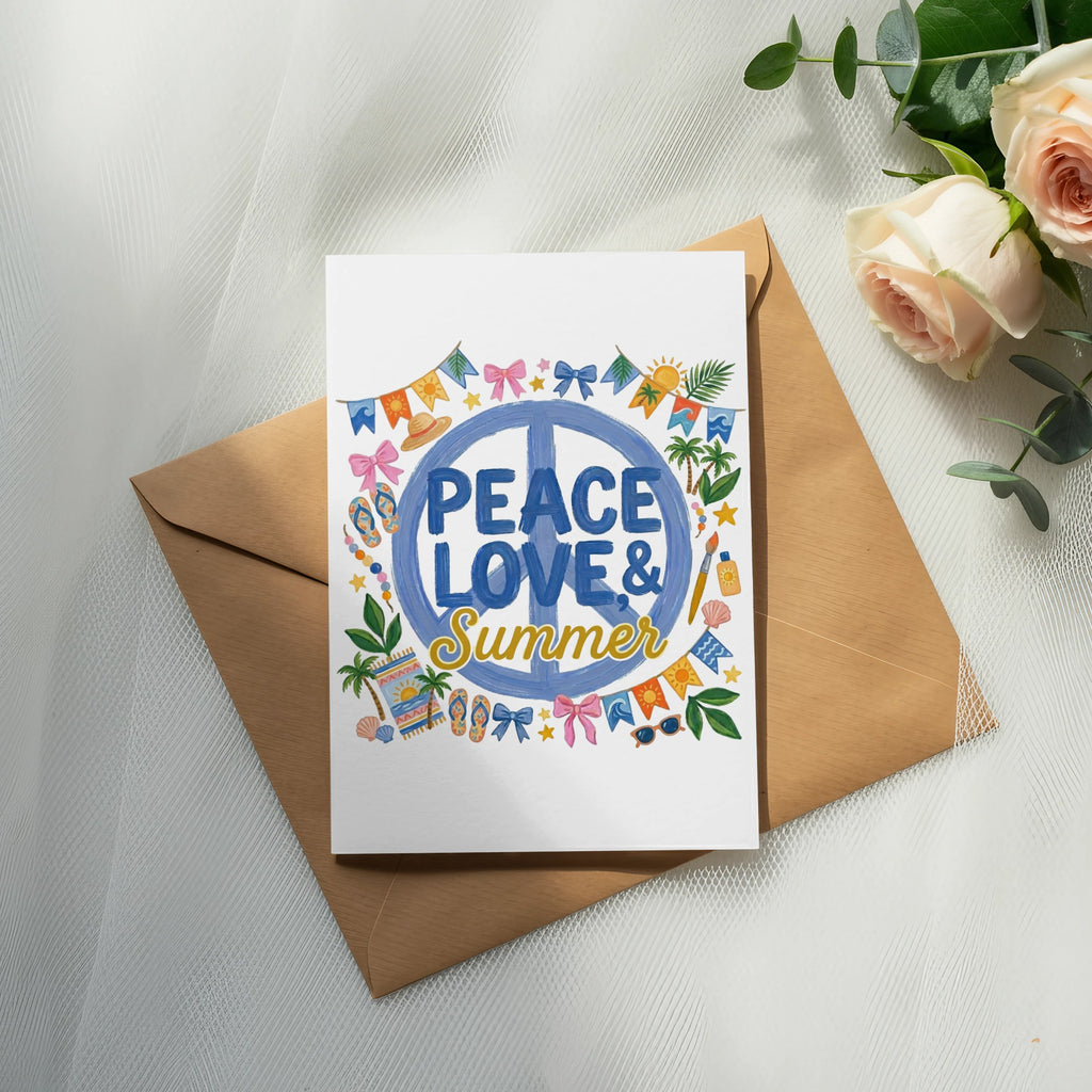 Greeting card with "Peace Love & Summer" text, surrounded by colorful summer icons.