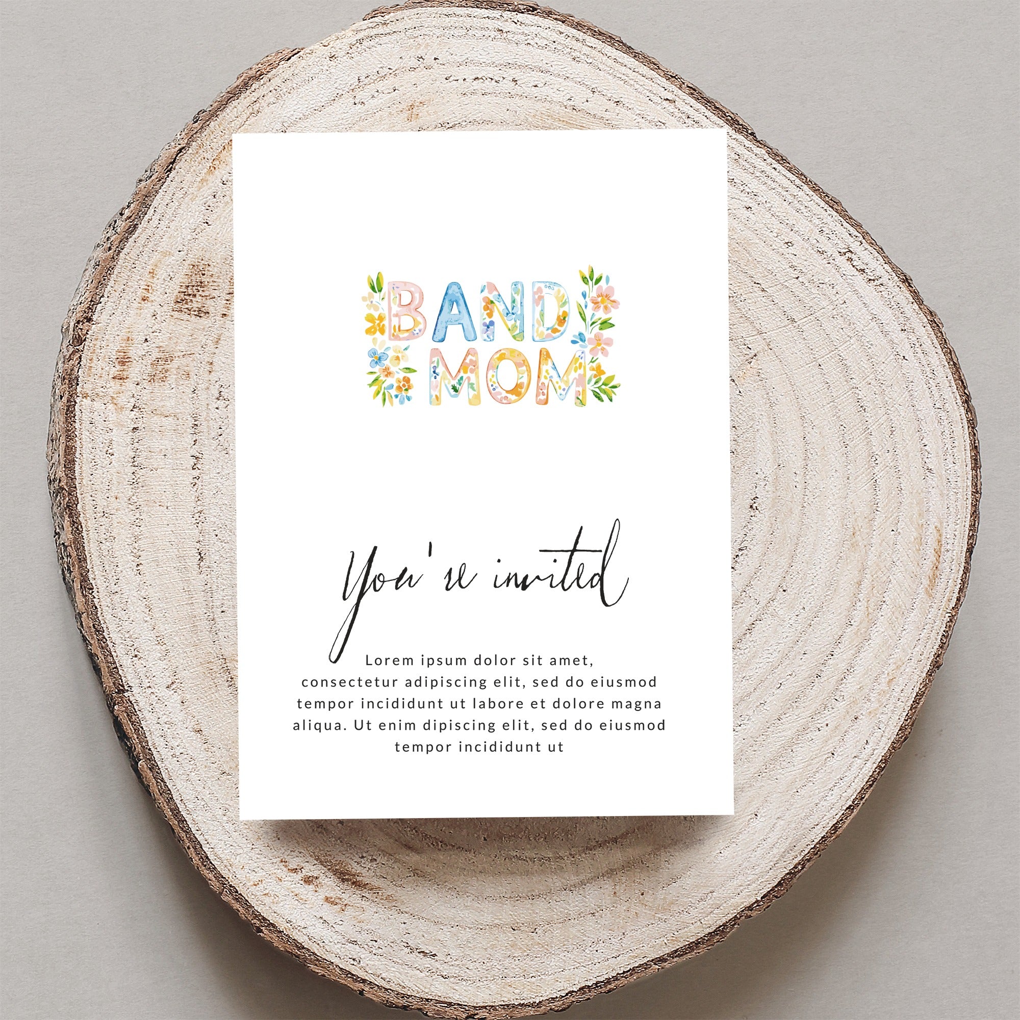 "BAND MOM" card with floral accents and placeholder text.