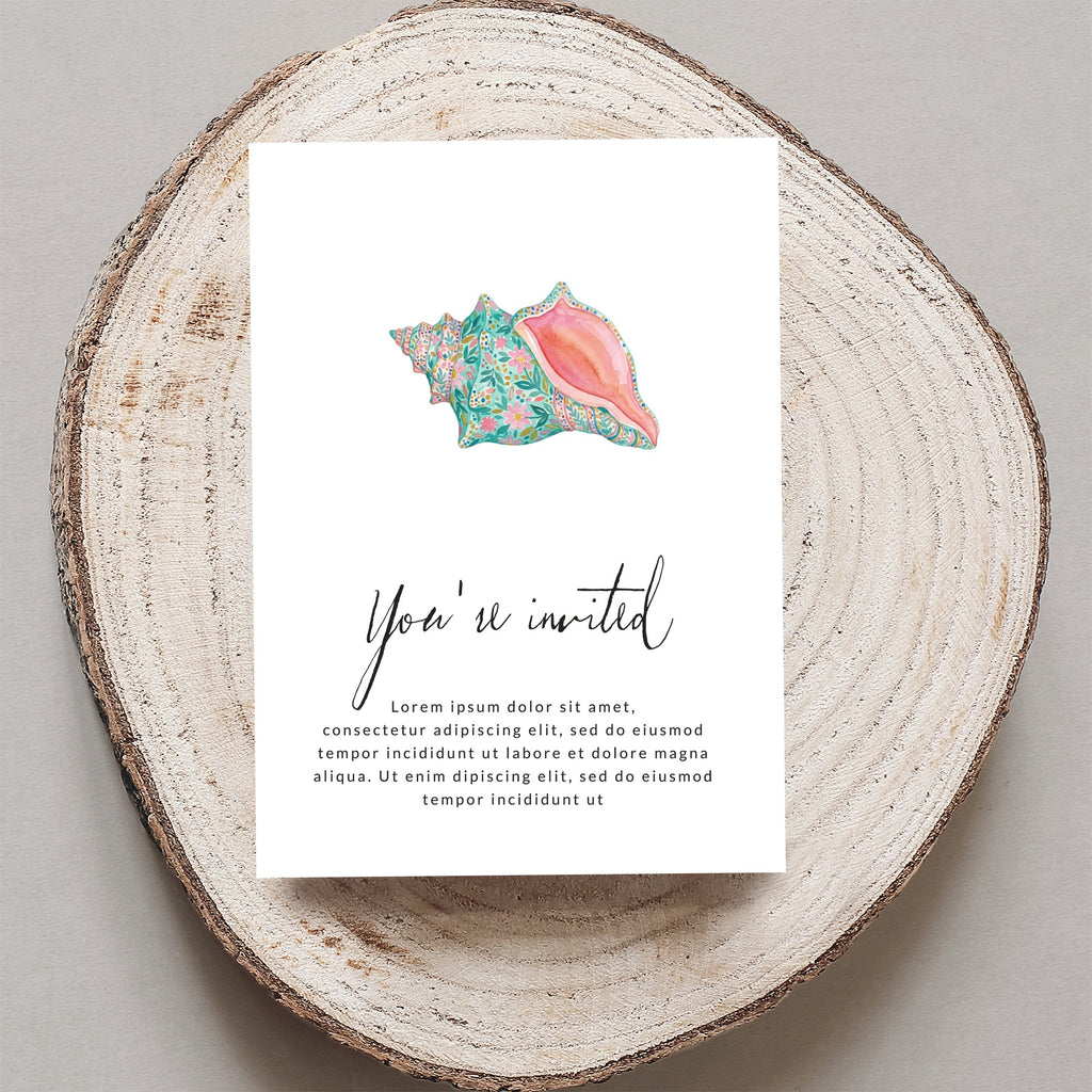 Invitation with seashell illustration and placeholder text.