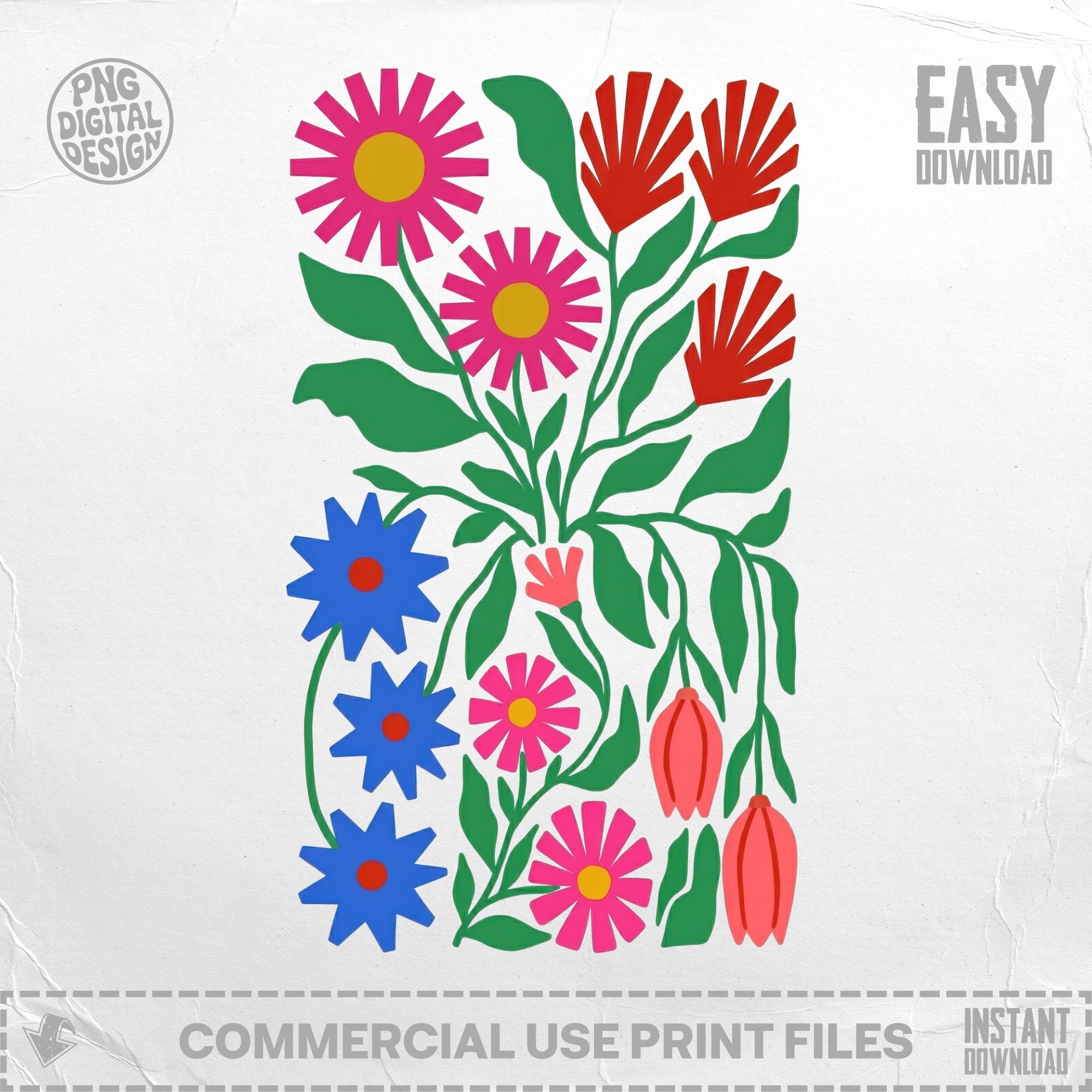 Floral illustration with pink and red flowers, blue stars, and green leaves.