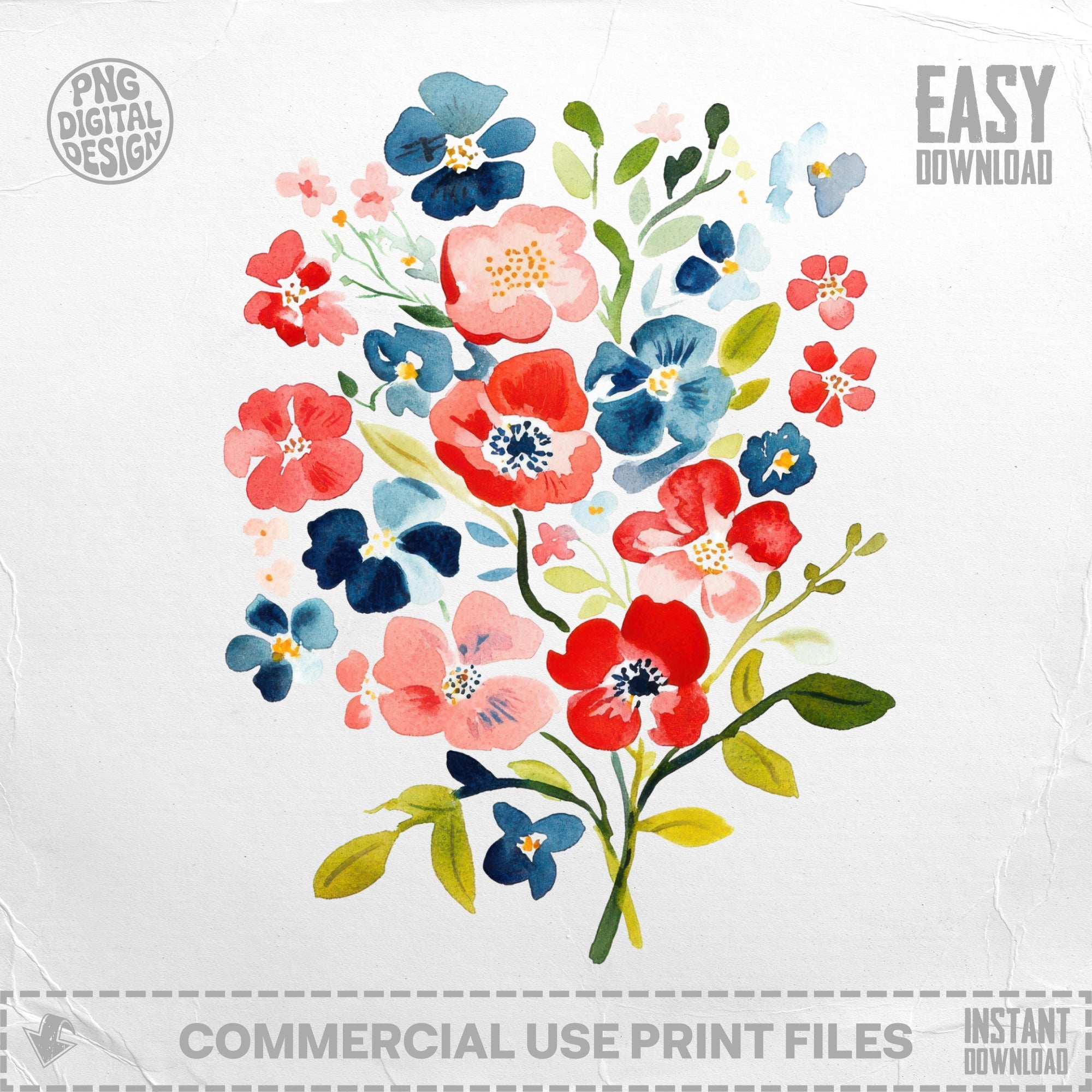 Watercolor floral bouquet with red, pink, and blue flowers.