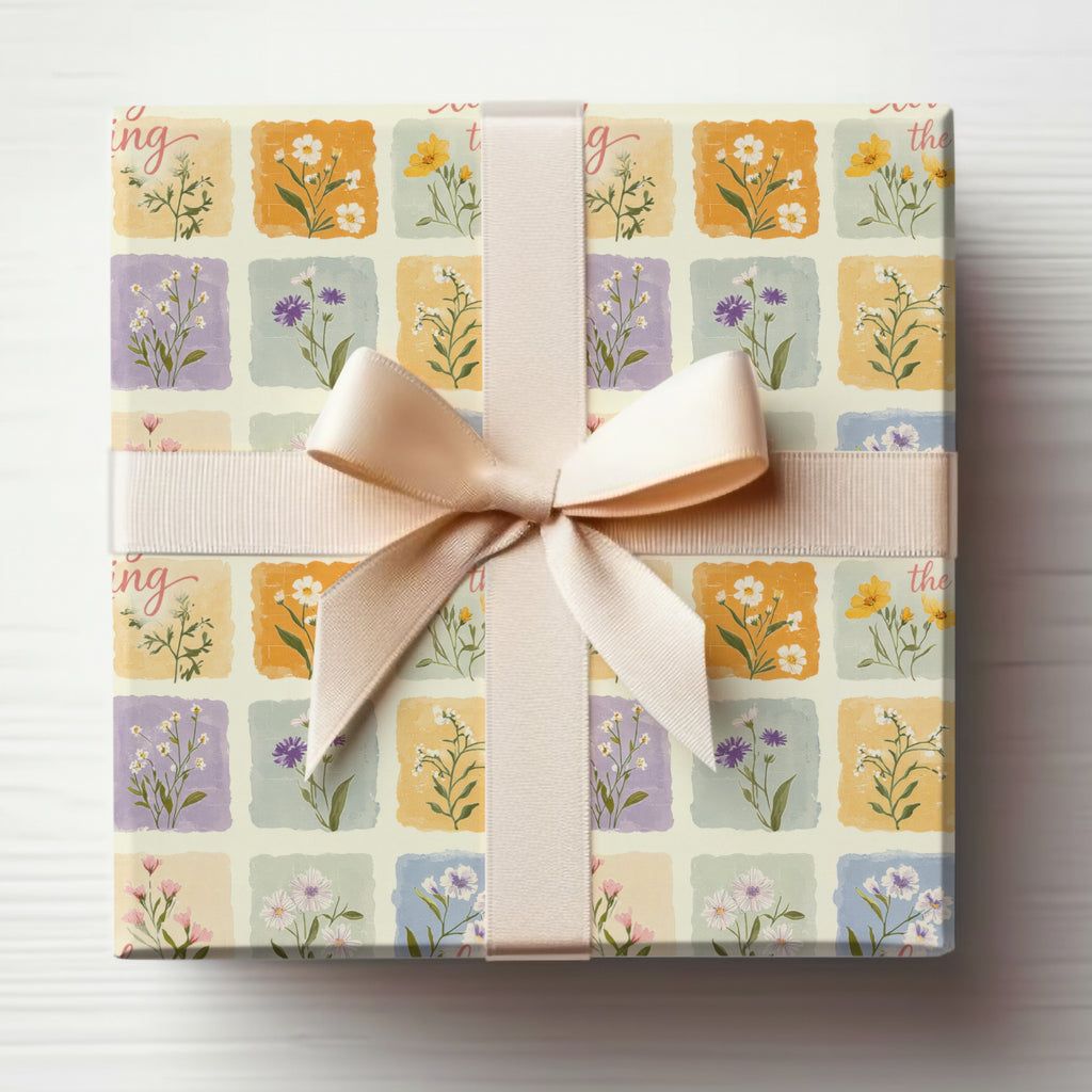 Elegant Floral Patterned Gift Wrap with Cream Ribbon