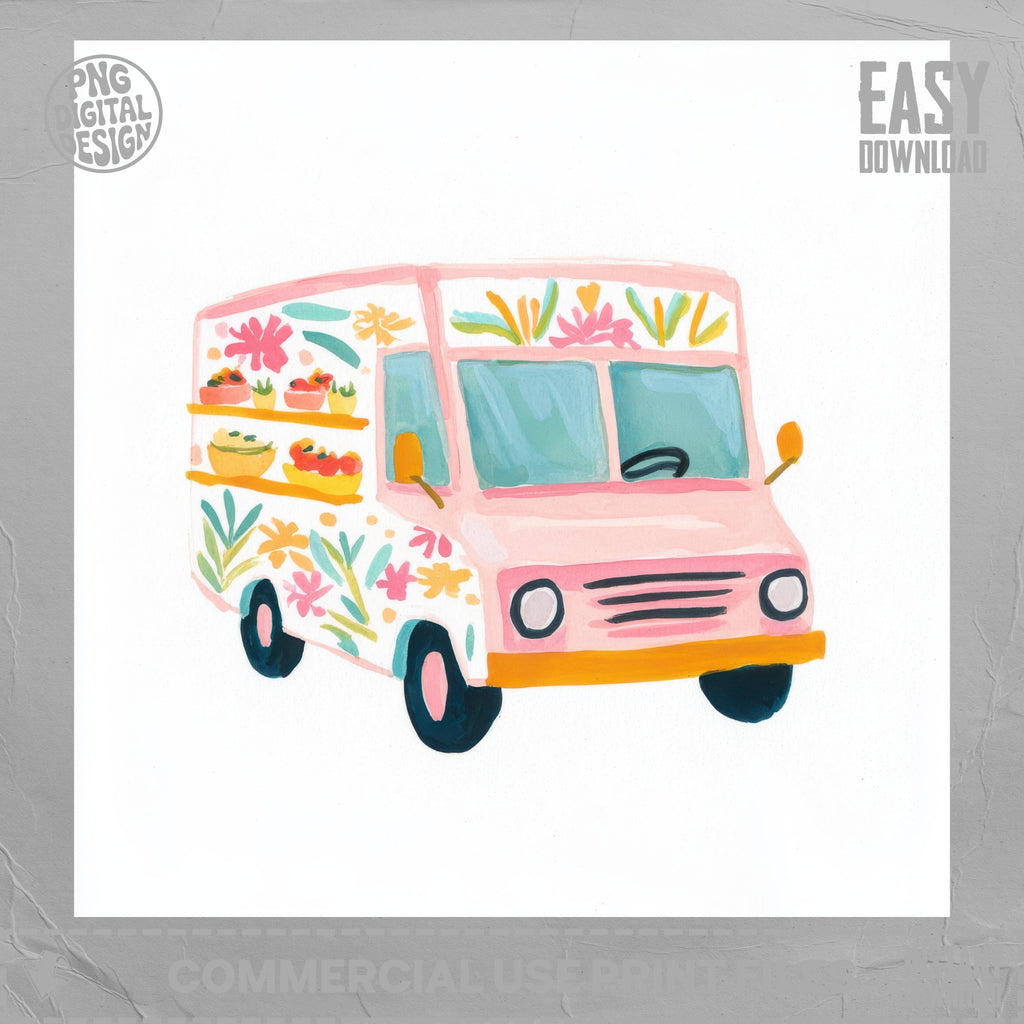 Pink food truck with floral designs and fruit displays.