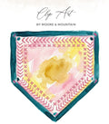 Watercolor pennant banner with pink, yellow, and teal geometric accents.
