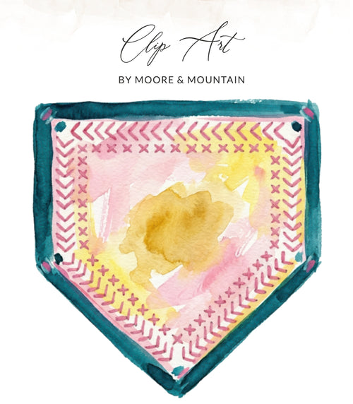Watercolor pennant banner with pink, yellow, and teal geometric accents.