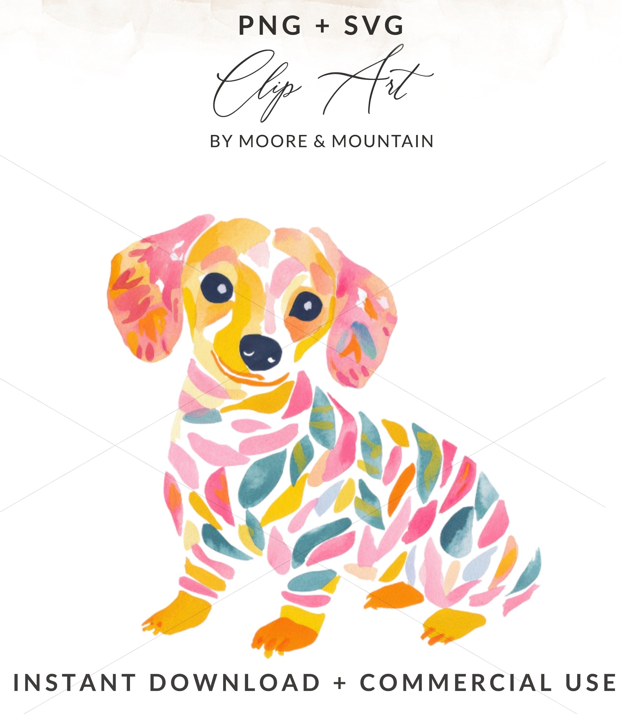 Colorful watercolor dachshund illustration with leaves and brushstrokes.
