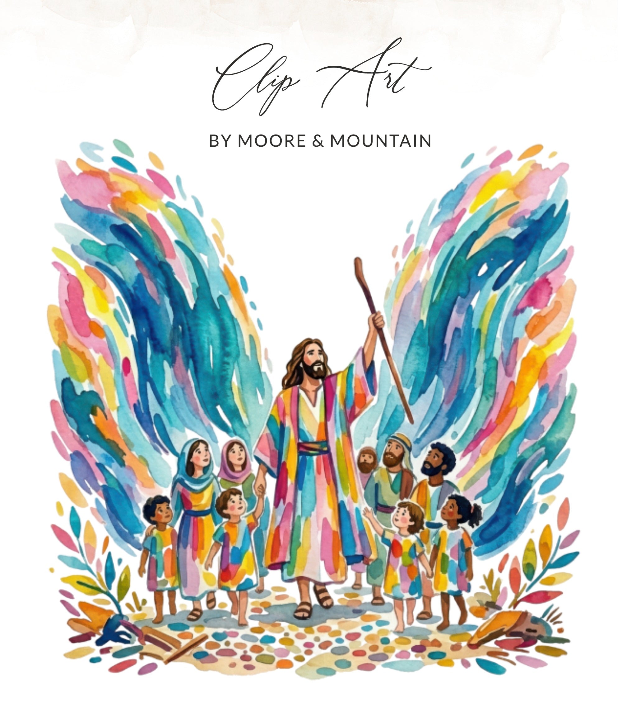 Jesus leads a colorful crowd of diverse children, with watercolor wings above.