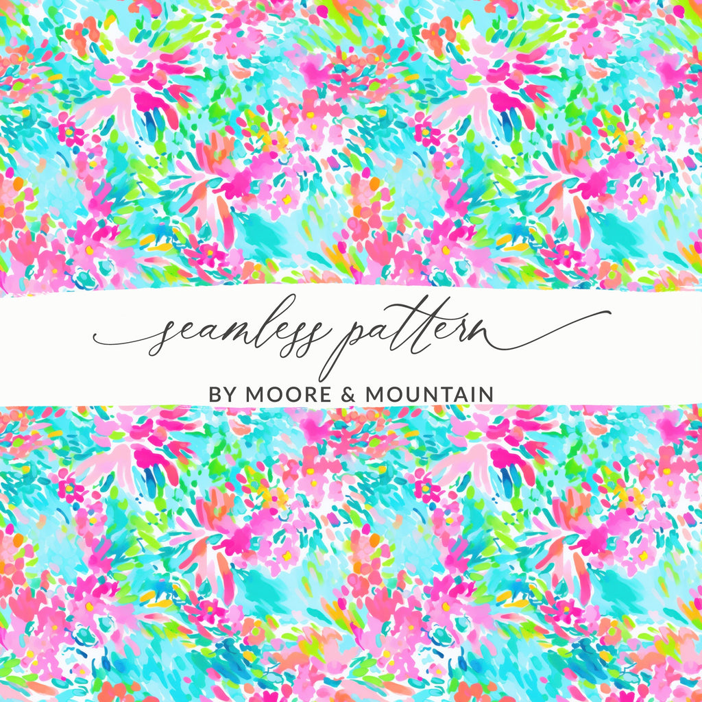 Seamless floral pattern in pink, blue, and green with "seamless pattern BY MOORE & MOUNTAIN" text.