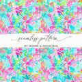 Seamless floral pattern in pink, blue, and green with "seamless pattern BY MOORE & MOUNTAIN" text.