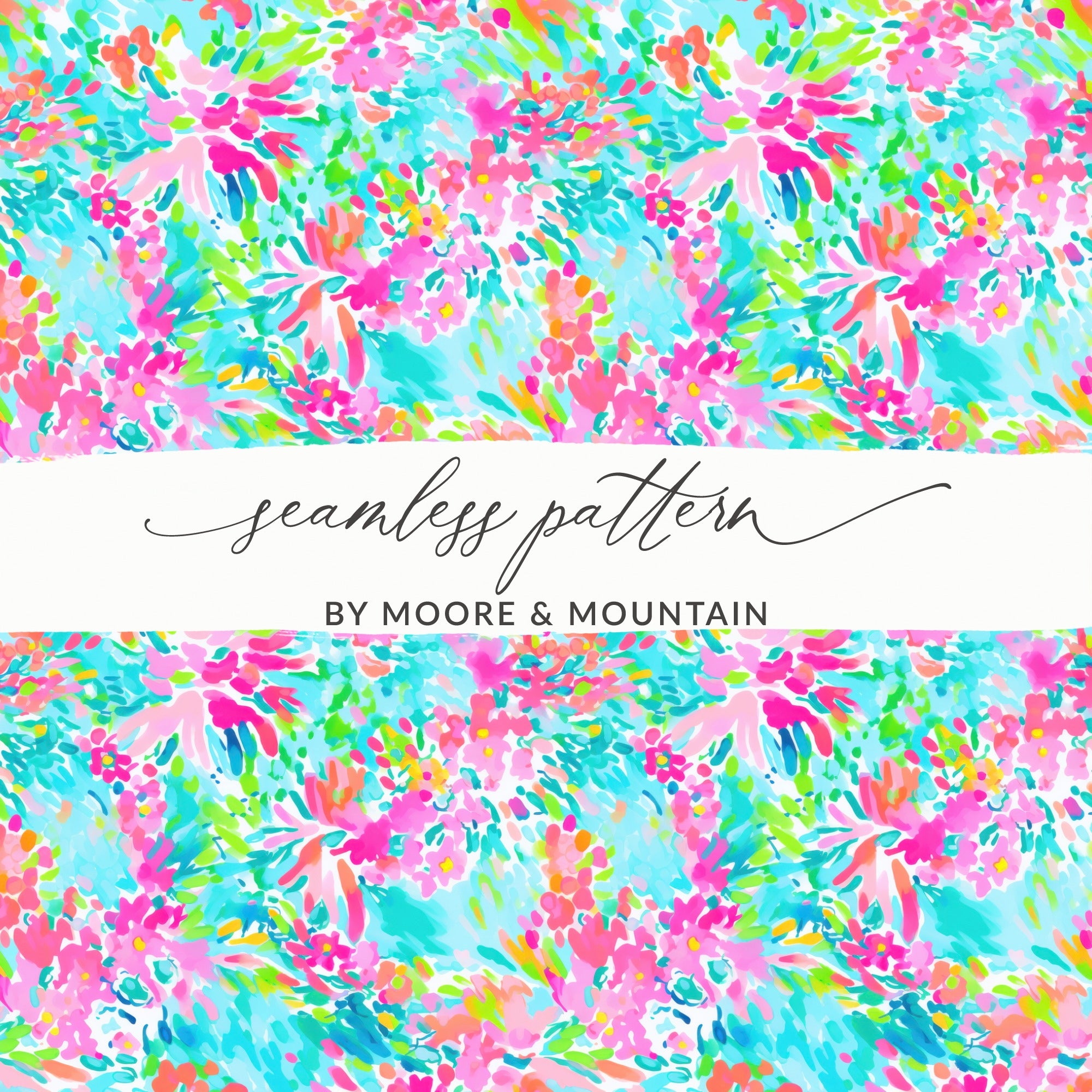 Seamless floral pattern in pink, blue, and green with "seamless pattern BY MOORE & MOUNTAIN" text.