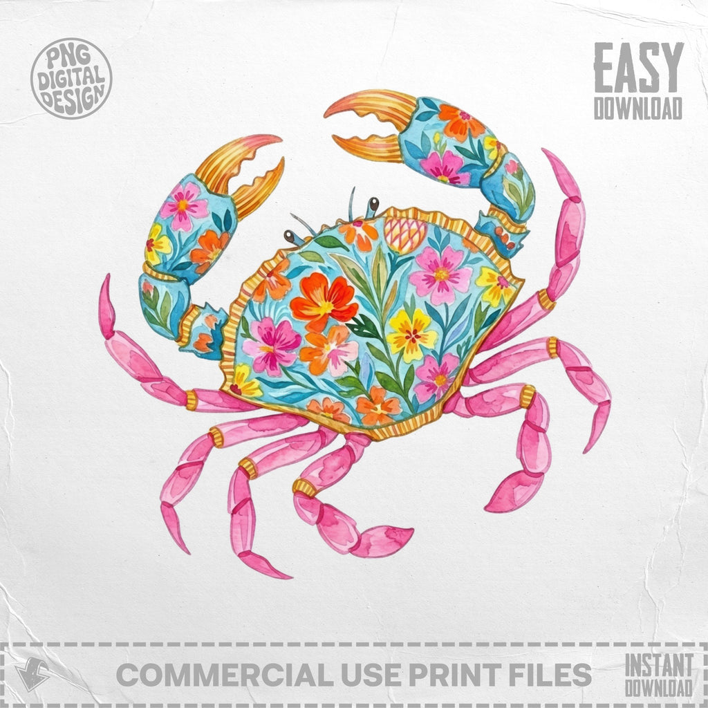 Watercolor crab with vibrant floral pattern and pink claws.