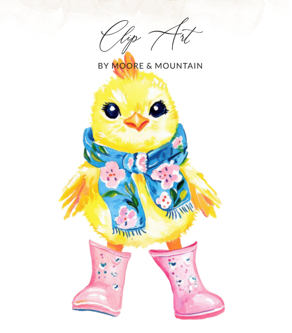 Fluffy yellow chick wearing a blue floral scarf and pink boots.