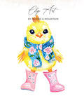 Fluffy yellow chick wearing a blue floral scarf and pink boots.