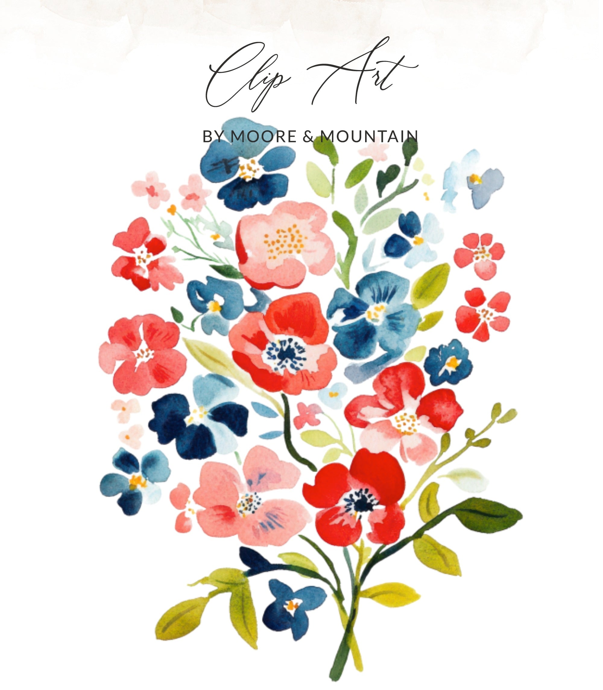Watercolor floral bouquet with "Clip Art" and "BY MOORE & MOUNTAIN" text.