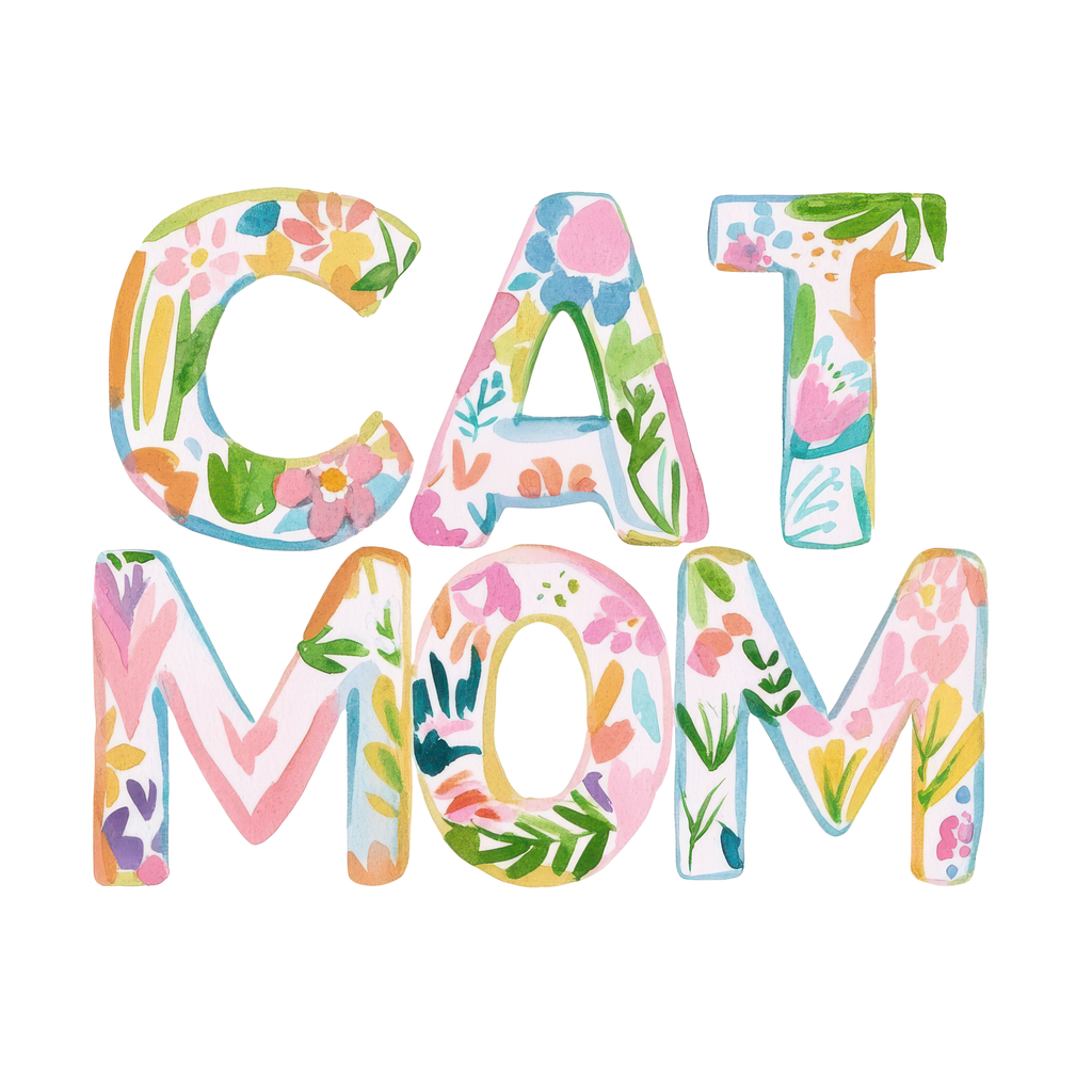 "CAT MOM" lettering in colorful floral watercolor pattern on black background.