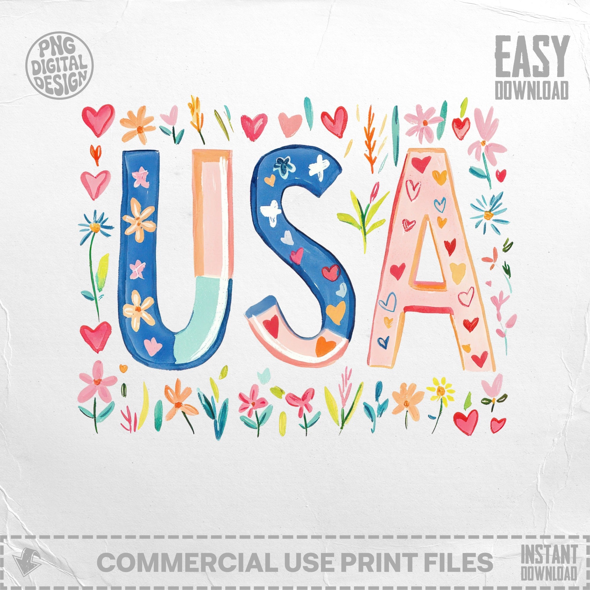 Hand-painted "USA" in colorful letters surrounded by flowers.