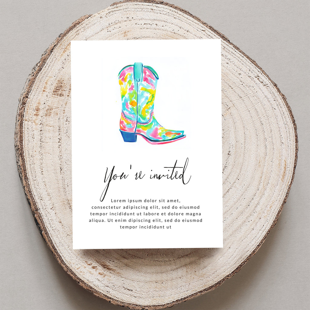 Colorful watercolor cowboy boot on a "You're invited" card.