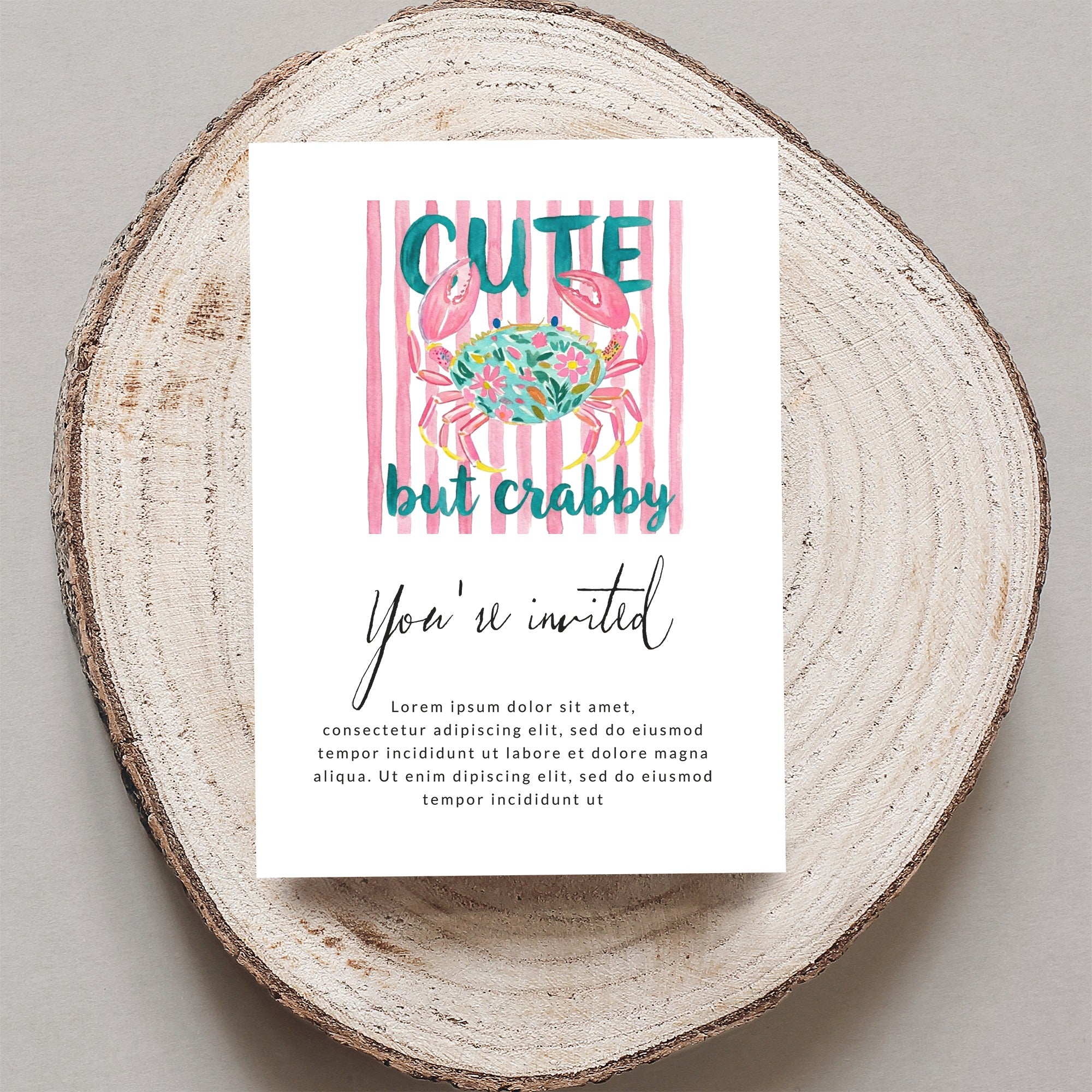 Invitation card with pink crab illustration and "CUTE but crabby" text.