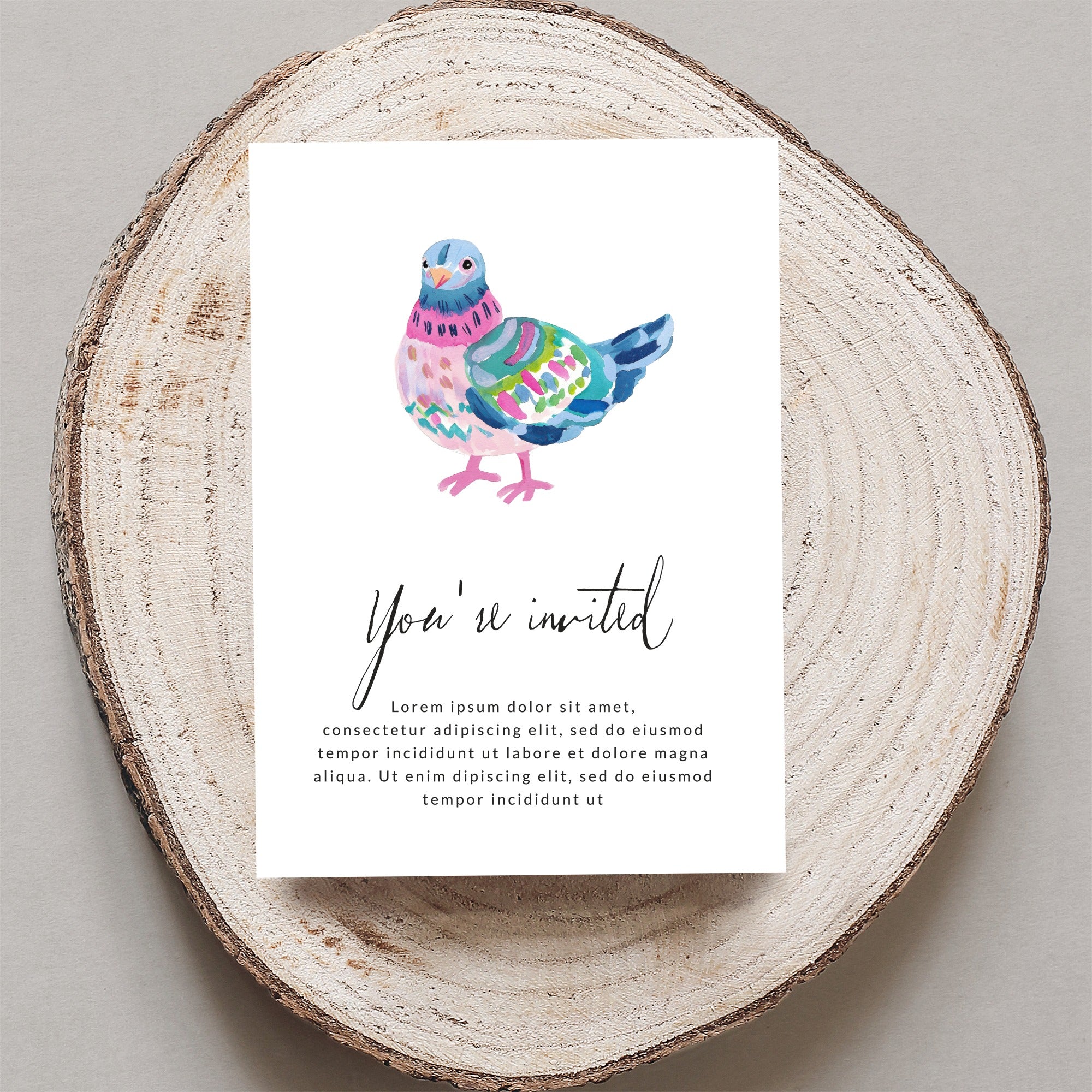 Watercolor bird invitation with "You're invited" text.