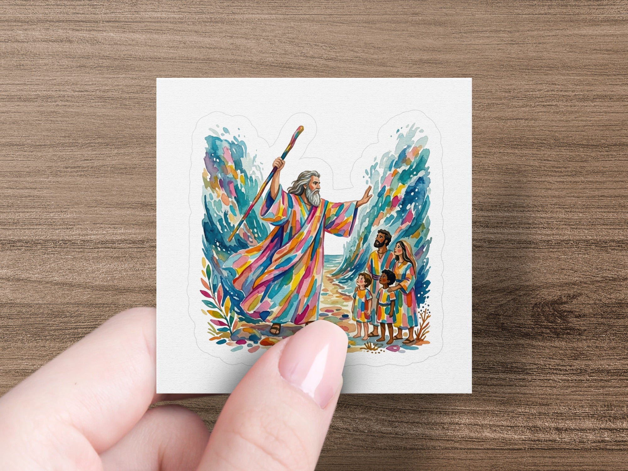 Moses parts the Red Sea with a staff, leading a family.