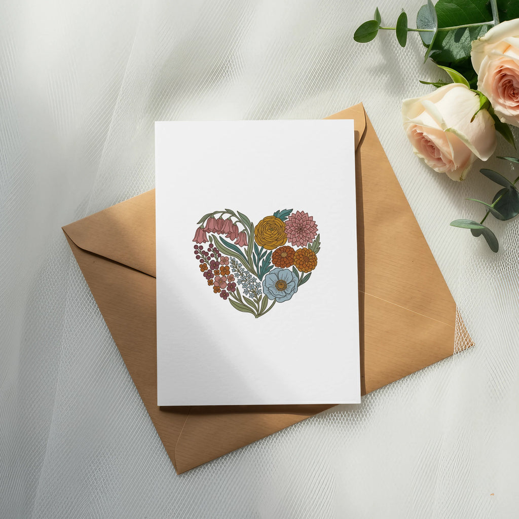 Blank card with a floral heart design on an open envelope.