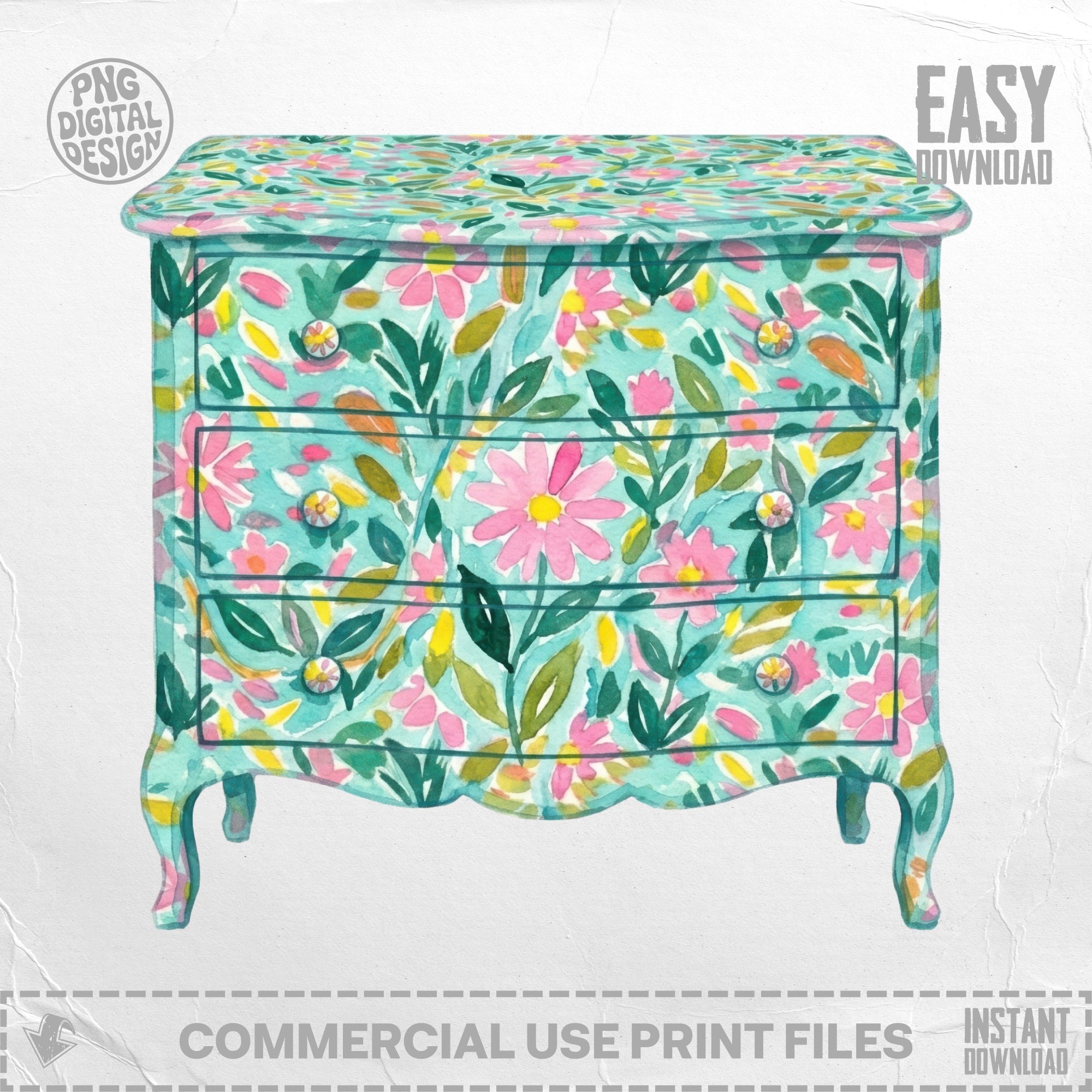 Teal dresser with pink and green floral watercolor pattern.