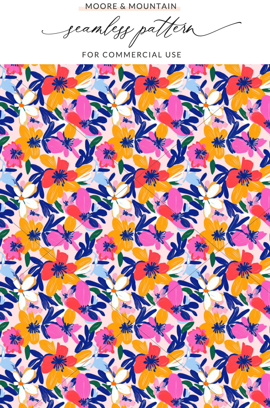 Seamless floral pattern with pink, blue, and yellow flowers on a pink background.