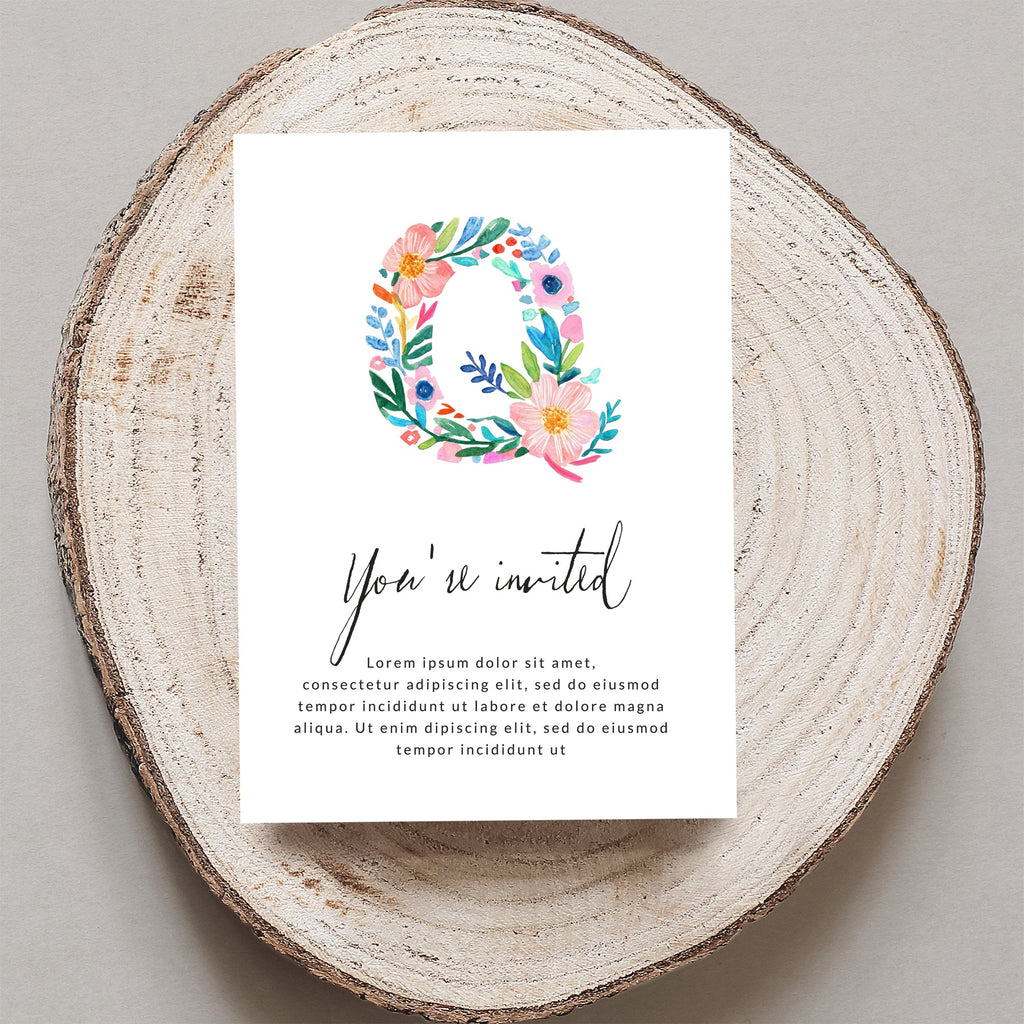 Floral letter Q invitation with "You're invited" and placeholder text.