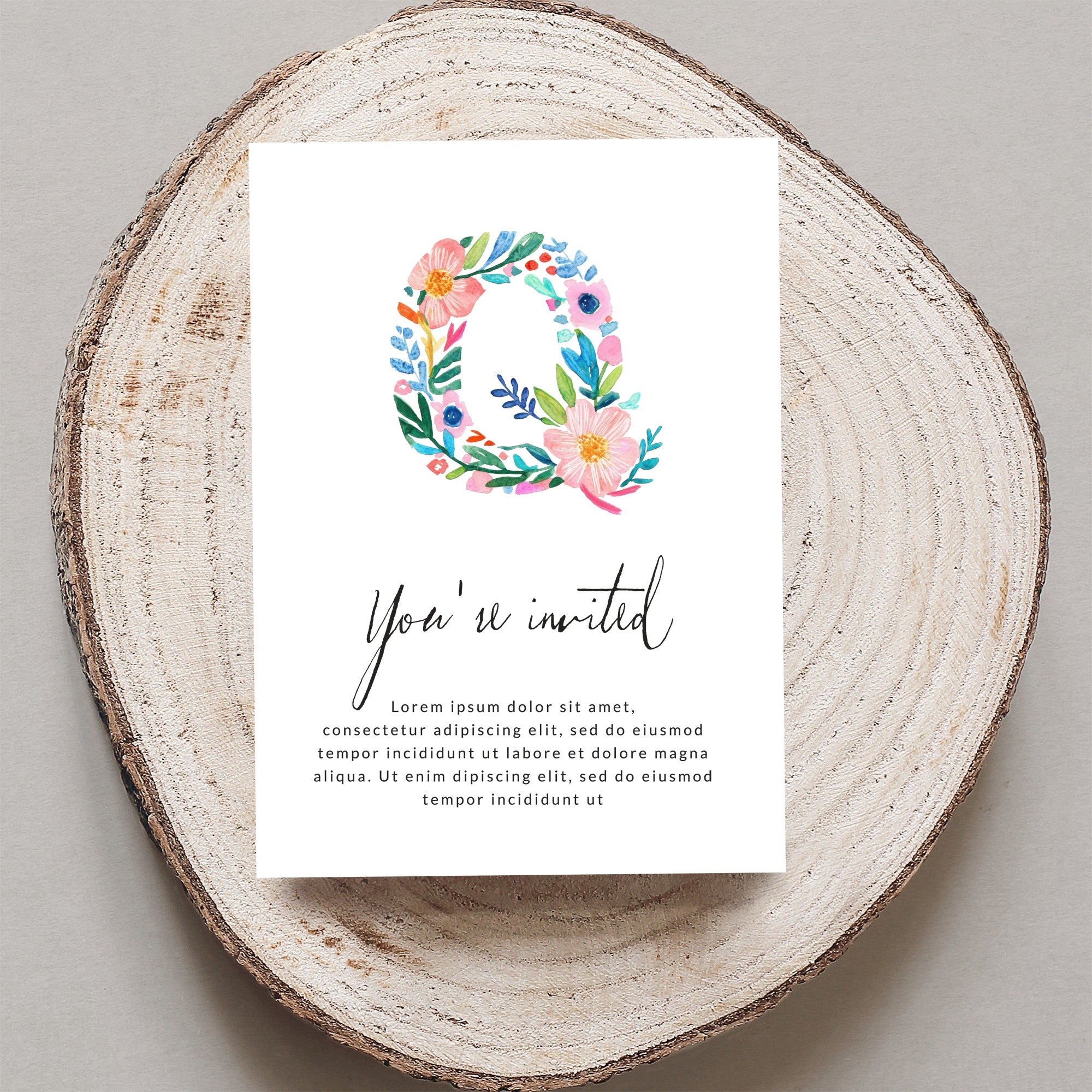 Floral letter Q invitation with "You're invited" and placeholder text.