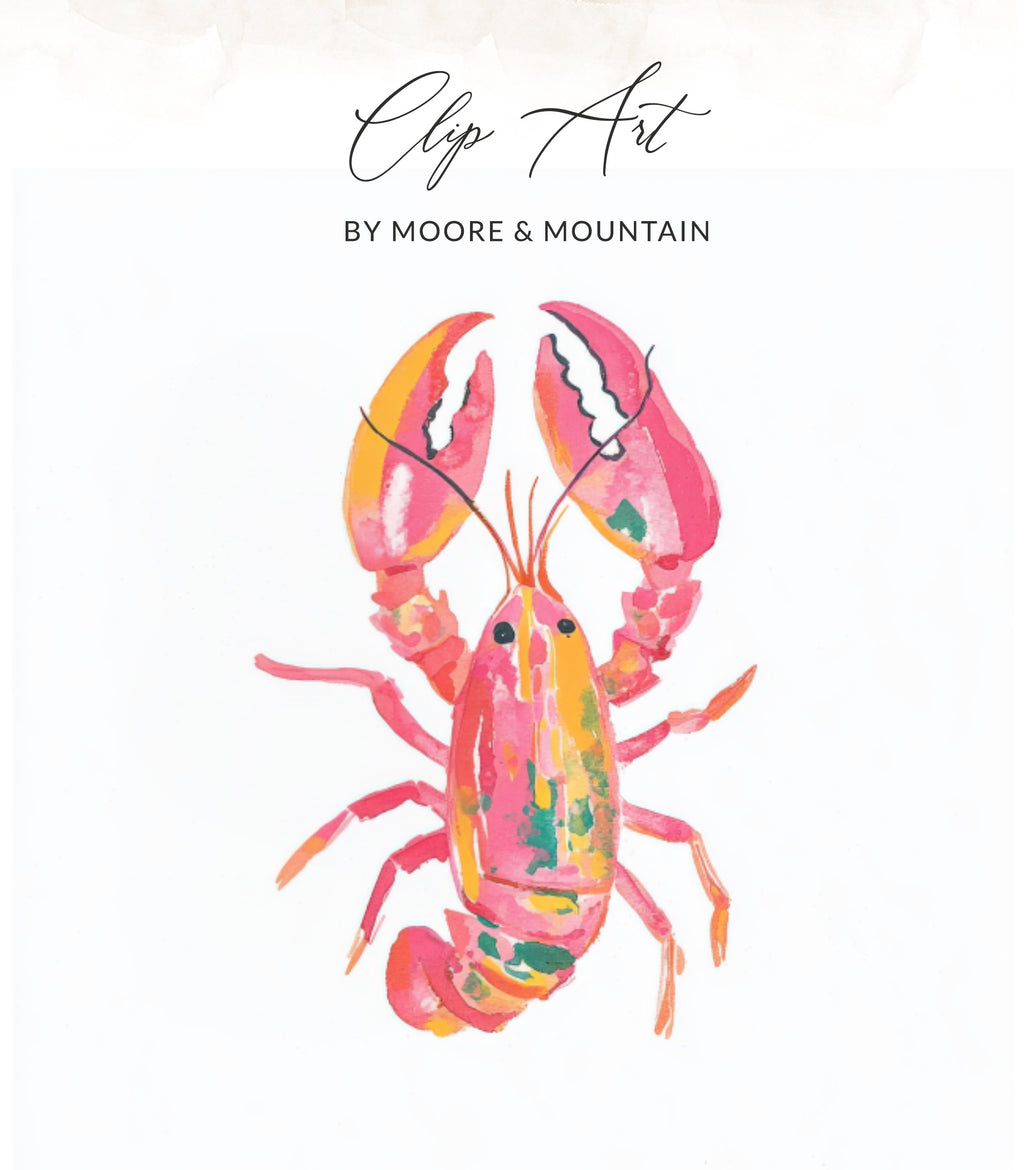 Watercolor illustration of a pink and yellow lobster with text "Clip Art BY MOORE & MOUNTAIN".