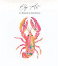 Watercolor illustration of a pink and yellow lobster with text "Clip Art BY MOORE & MOUNTAIN".
