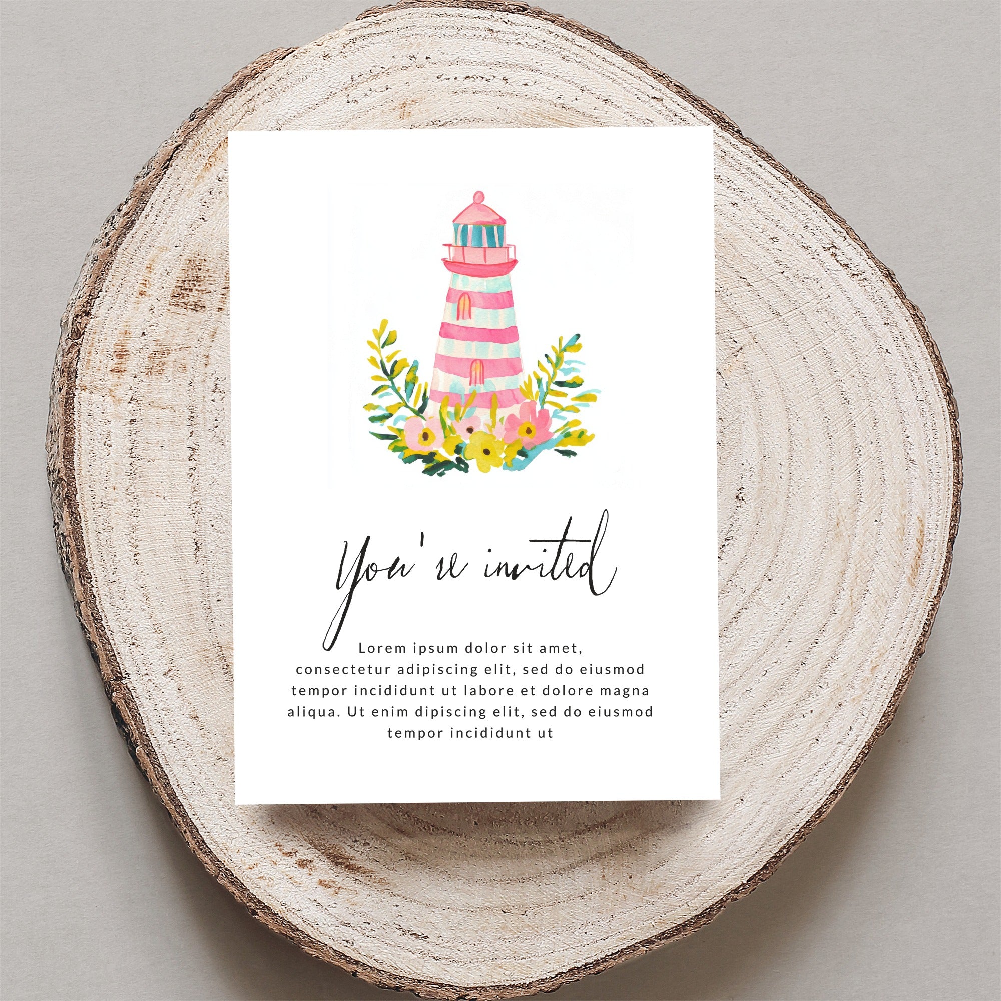 Pink and white striped lighthouse, flowers, and "You're invited" text on a card.