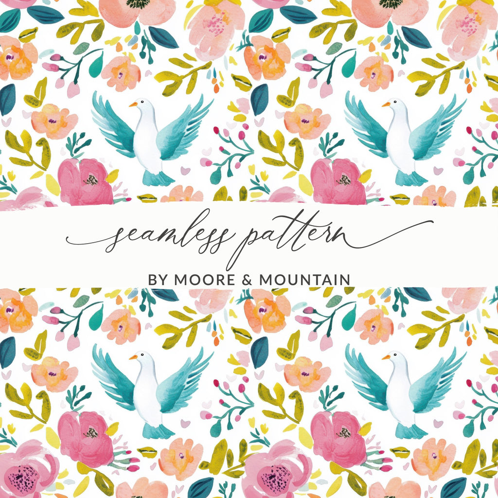 Floral and White Bird Colorful Seamless Pattern Design
