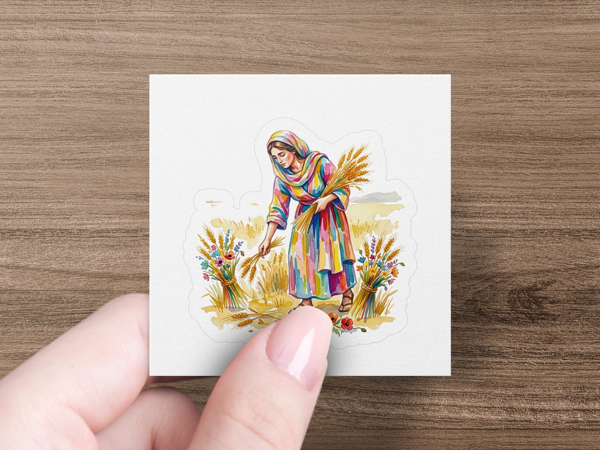 Woman in colorful dress harvesting wheat stalks with poppies.
