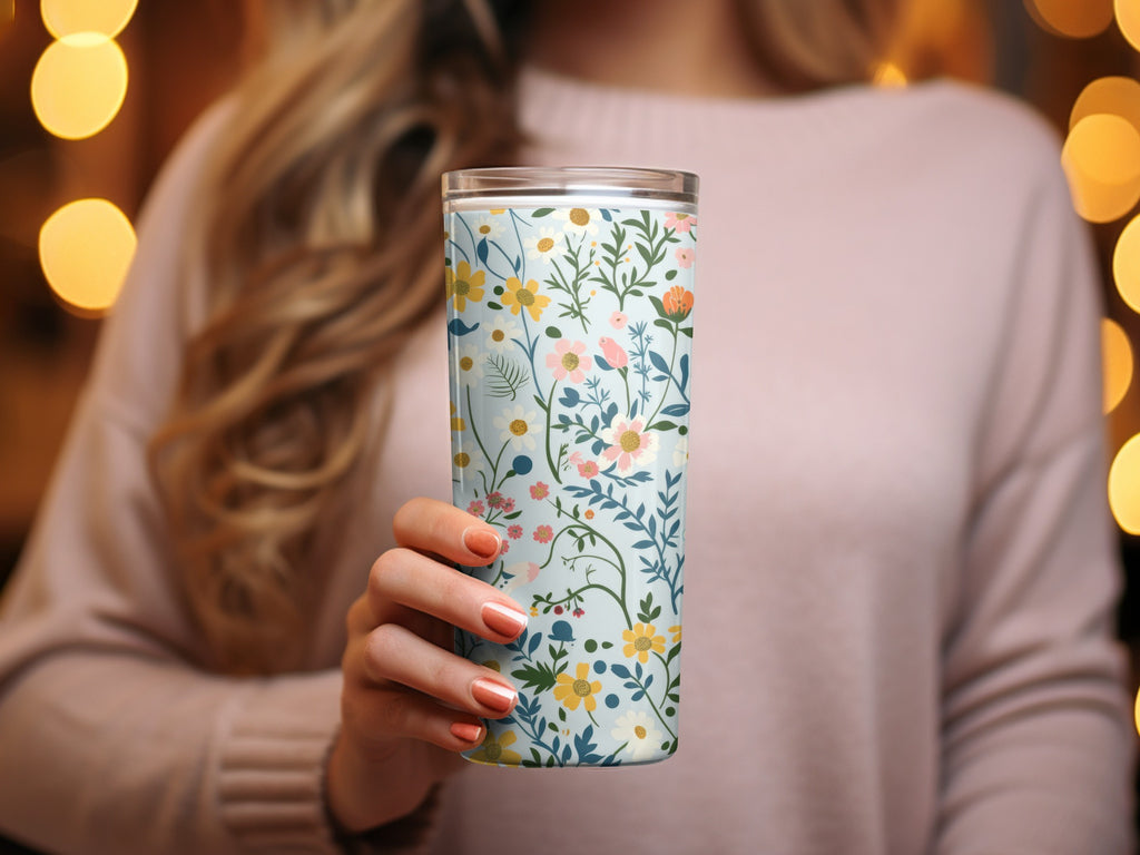 Floral Pattern Travel Tumbler with Colorful Flowers Design