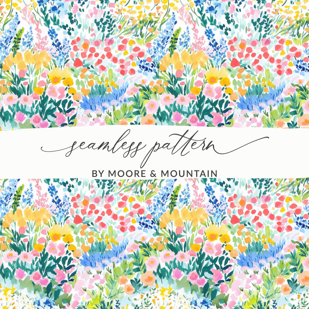 Seamless watercolor floral pattern with text "seamless pattern BY MOORE & MOUNTAIN".