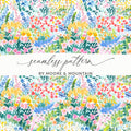 Seamless watercolor floral pattern with text "seamless pattern BY MOORE & MOUNTAIN".