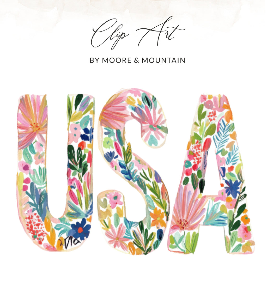 USA in colorful floral watercolor letters with "Clip Art" text above.