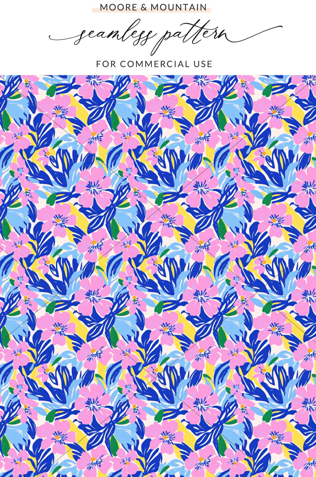 Seamless floral pattern with pink flowers and blue leaves on cream background.