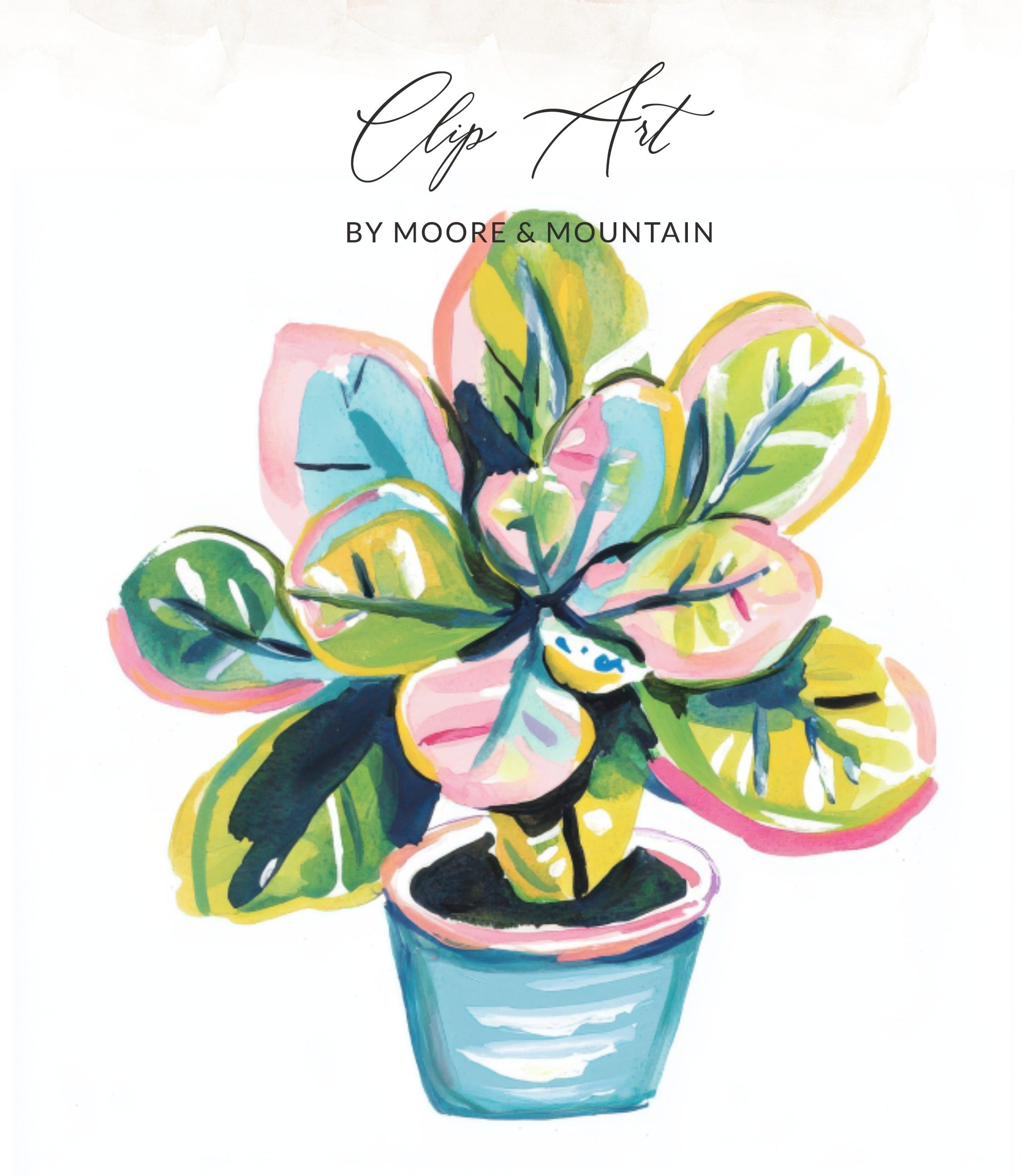 Watercolor illustration of a potted plant with pink, green, and blue leaves.
