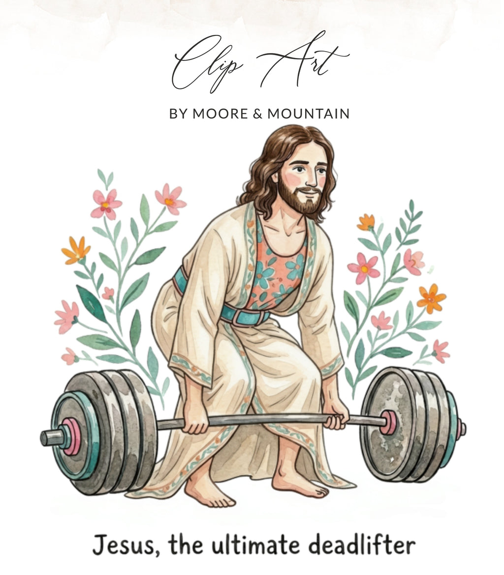 Jesus deadlifting with floral accents and text "Jesus, the ultimate deadlifter".
