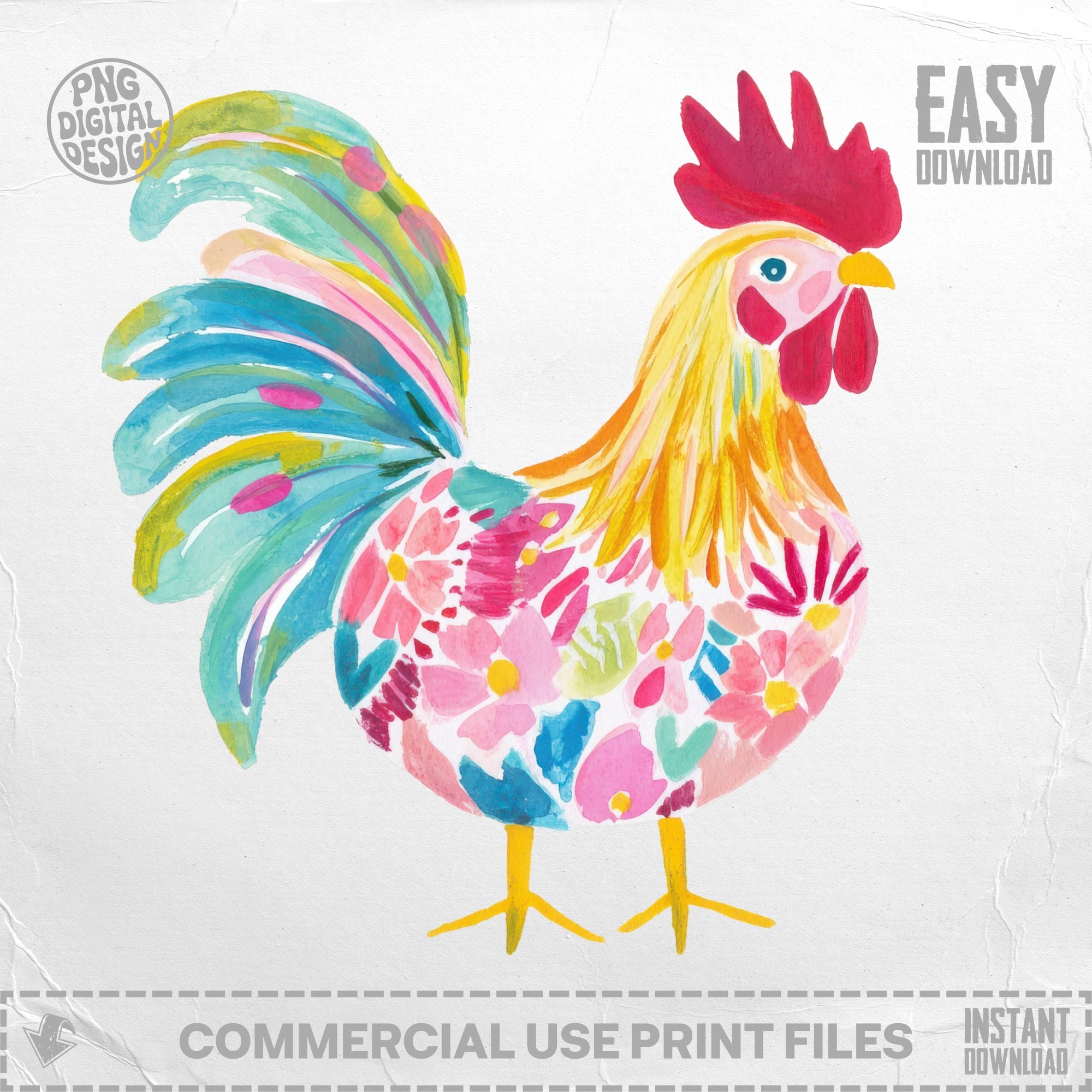 Colorful rooster illustration with floral patterns, text "Easy Download".