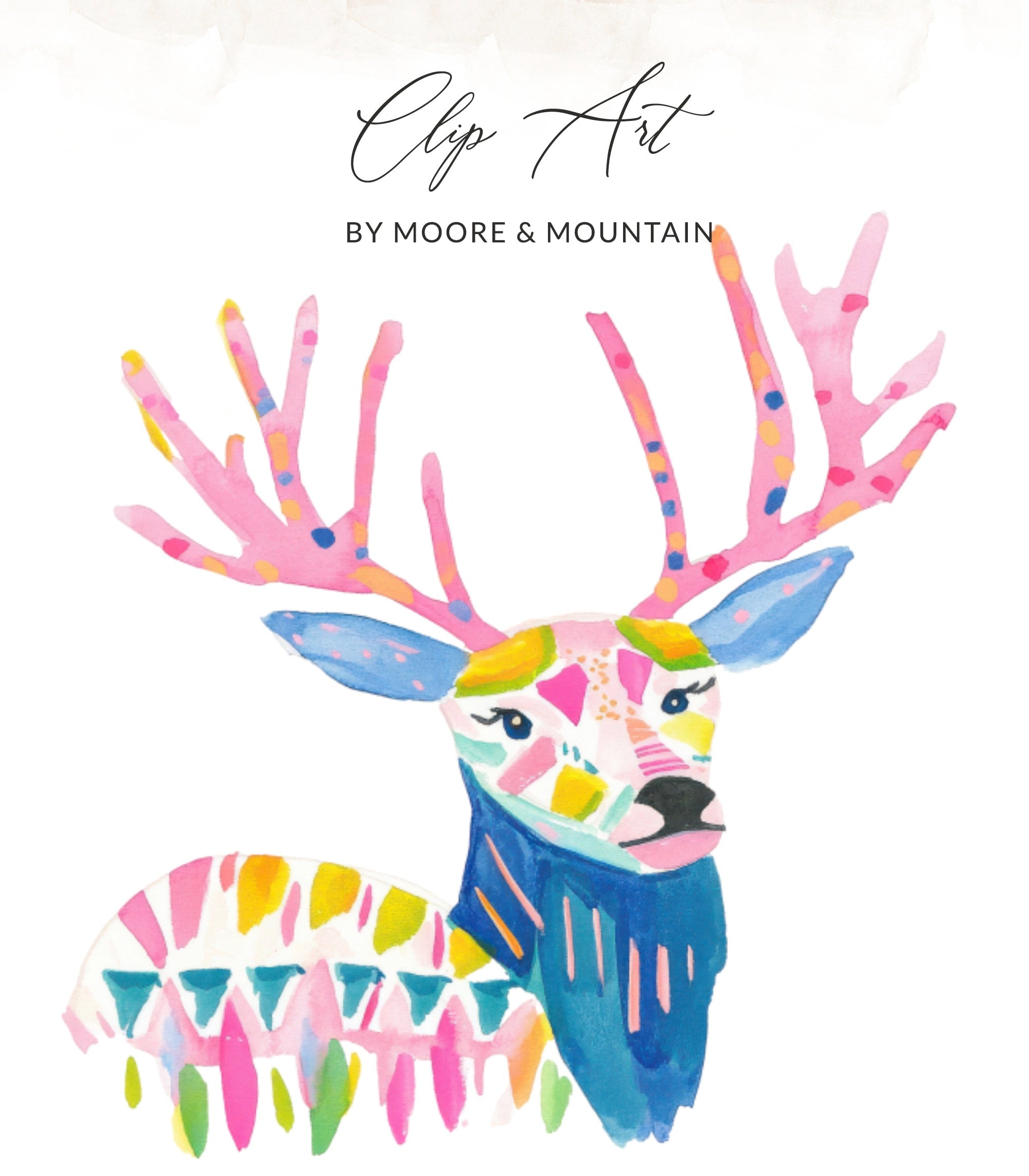 Colorful abstract deer head with pink antlers and patterned body.
