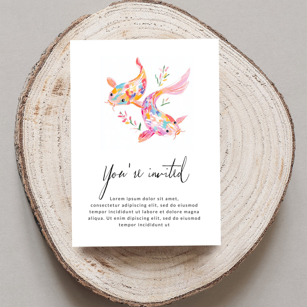 Invitation with colorful koi fish illustration and "You're invited" text.