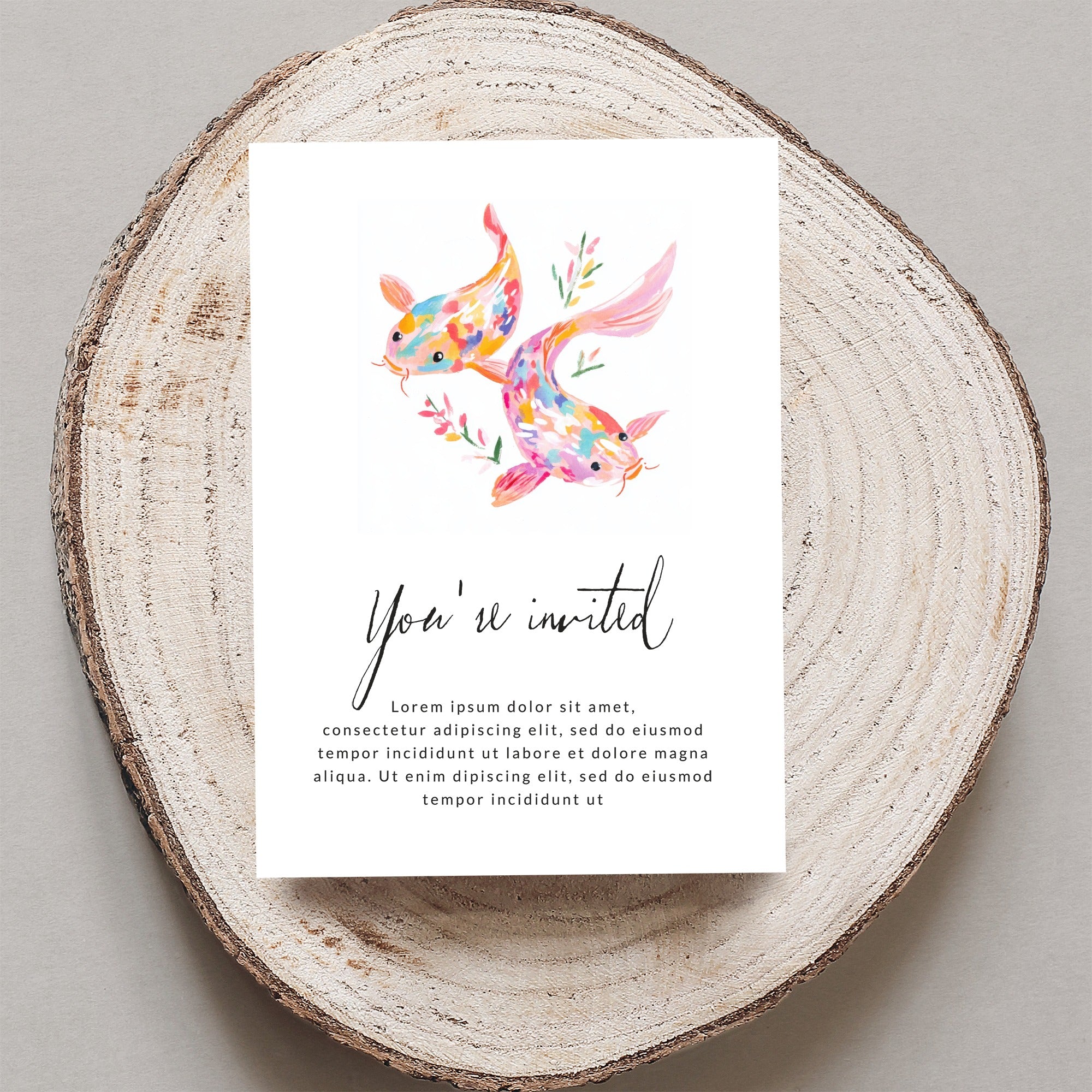 Invitation with colorful koi fish illustration and "You're invited" text.