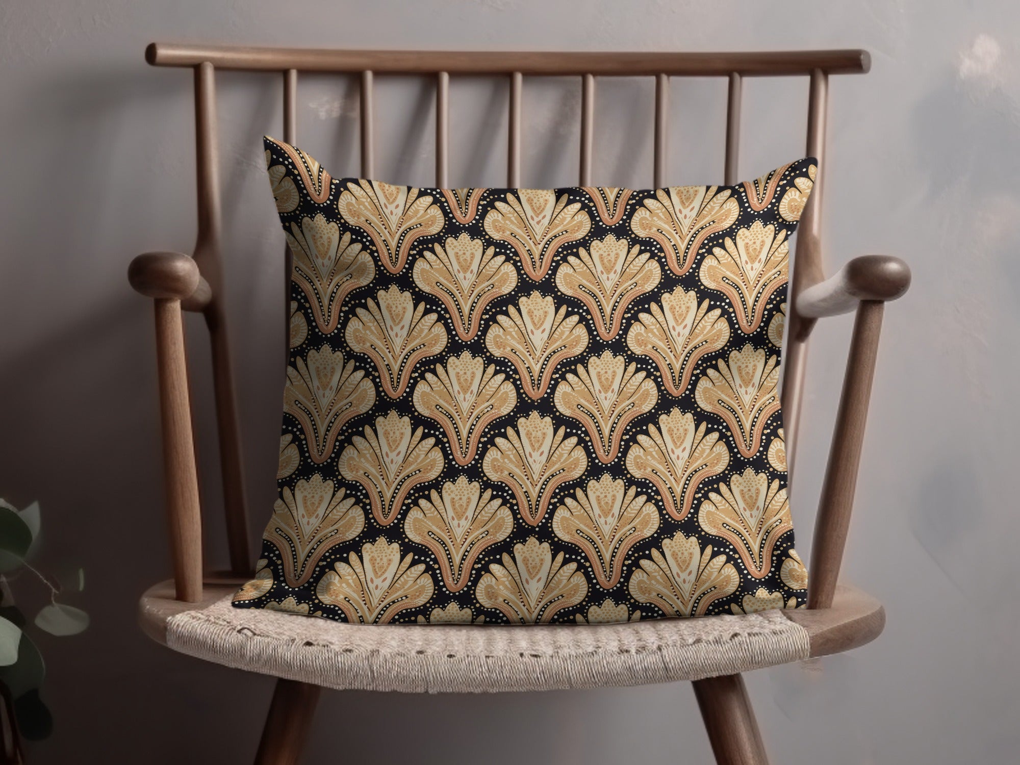 Elegant Black and Gold Patterned Cushion for Sale